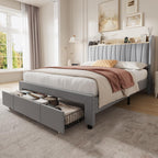 GarveeHome Bed Frame Full with Storage Headboard, Charging Station, Grey