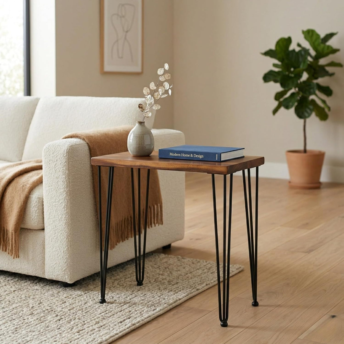 Walnut Solid Wood Side Table - 24 W 12 D Narrow End Table for Living Room, Hairpin Metal Legs, Water & Stain Resistant Finish
