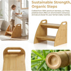 Bamboo 2 Step Stool 300lbs Capacity, Wooden Two Step Stool with Non-Slip Handles, Heavy Duty Stepping Stool for Bedside High Beds Adults, Sturdy Small Bathroom Kitchen Wooden Step Stool