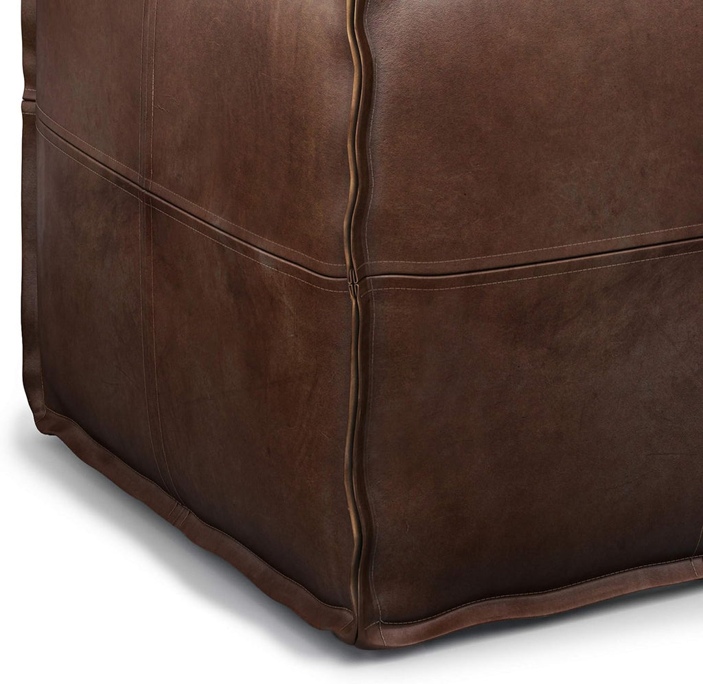 SIMPLIHOME Brody 18" Wide Square Pouf in Distressed Dark Brown Faux Leather | Boho footstool, coffee table and extra seating for living room or bedroom with assembled design, assembled; pouf ottoman.
