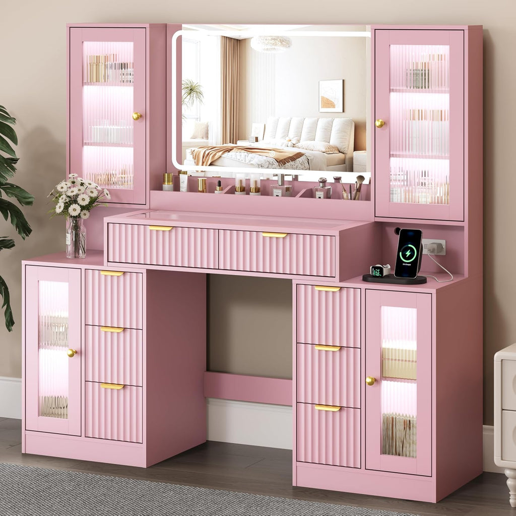 55" Vanity Desk with Mirror & Lights, Fluted Makeup Vanity with 8 Drawers & 4 Cabinets, Tempered Glass Top, RGB Cabinet Lighting, 3-Color Dimmable Mirror, and Charging Station