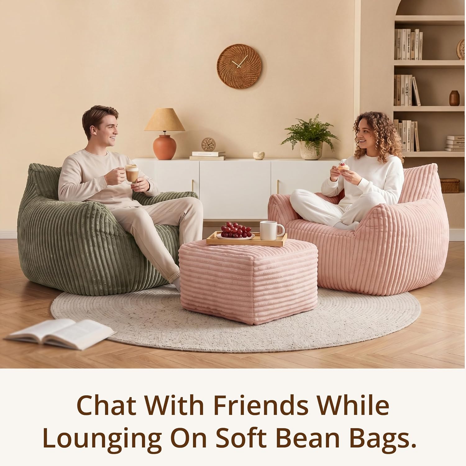 Giant Bean Bag Chair for Adults, Large Bean Bag with Ottoman | Cloud Comfy Bean Bag with Backrest & Armrests, Stuffed Beanbag Chair for Reading, Gaming, Napping, Pink