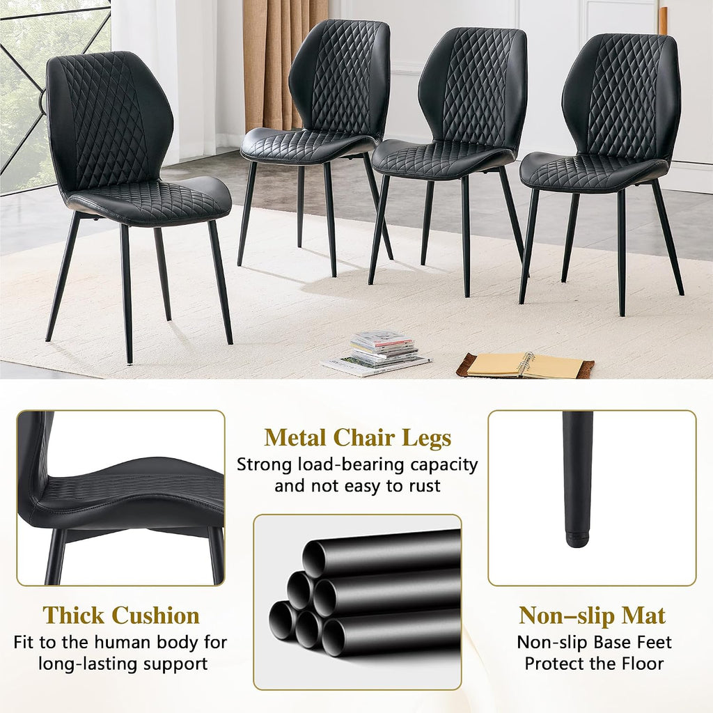 Dining Chairs Set of 4, Modern Upholstered Kitchen Chairs with Curved Back, Diamond Stitching, Padded Cushion Seat and Metal Legs, Comfy Side Accent Chairs for Dining Room, Kitchen, Black