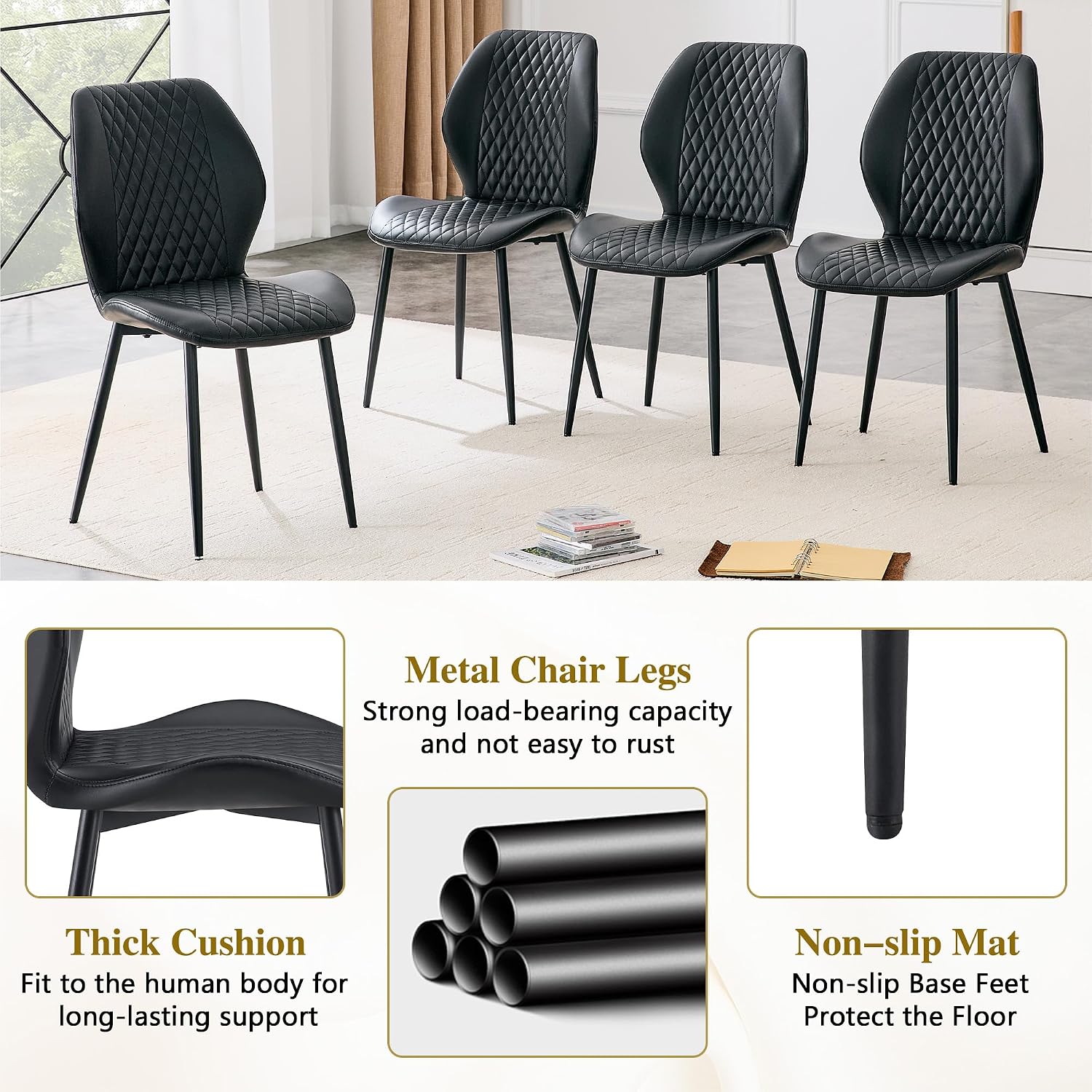Dining Chairs Set of 4, Modern Upholstered Kitchen Chairs with Curved Back, Diamond Stitching, Padded Cushion Seat and Metal Legs, Comfy Side Accent Chairs for Dining Room, Kitchen, Black