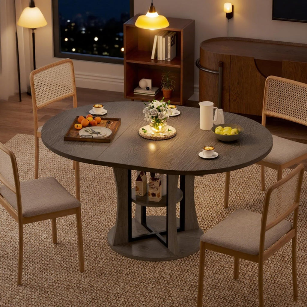 Extendable Round Dining Table for 4-6-8, 43.3-59in Expandable Kitchen Table with Storage Shelf, Space Saving Circle Oval Dining Table with Leaf for Kitchen, Dining Room, Gray