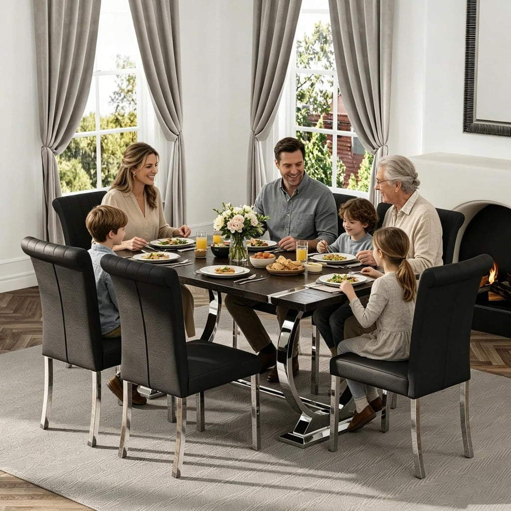 Asday Black Wood Dining Table for 4-6, 60 Inch Modern Luxury Kitchen Table with Silver Polished Stainless Steel Base, Farmhouse Rectangular Dining Room Table for Kitchen, Living Room, Apartment