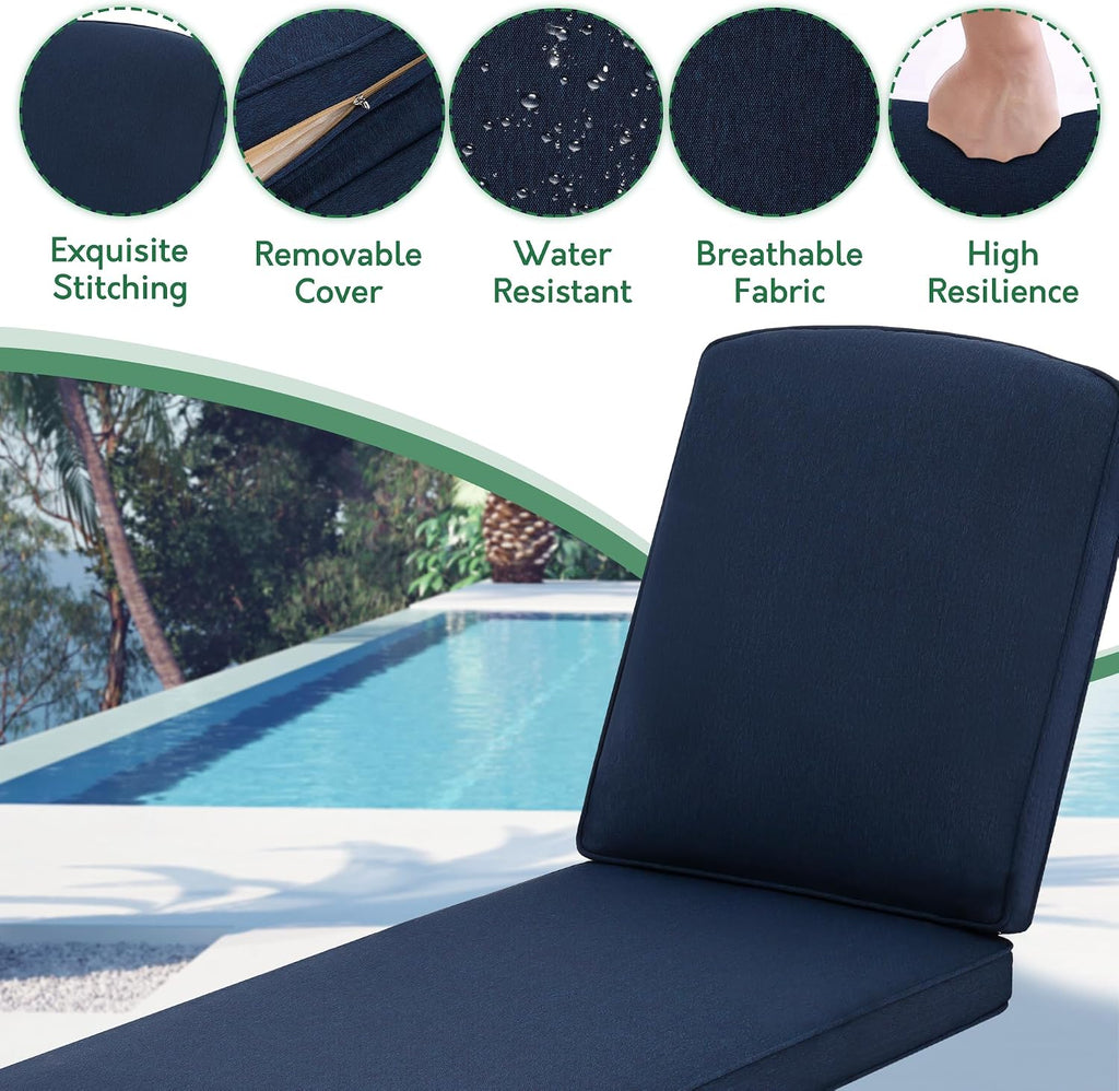 Chaise Lounge Chair Outdoor- Set of 2 Patio Pool Chairs Tanning Lounges for Outside Beach Lounger Reclining Cast Aluminum with Navy Blue Cushions