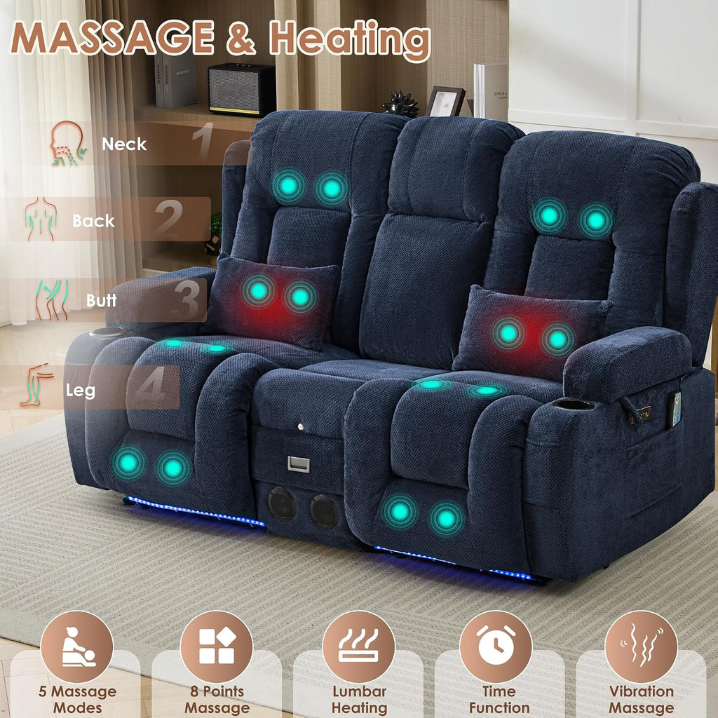 TUNYI Wall Hugger Power Loveseat Recliner - RV Reclining Loveseat with Console Theater Seating RV Recliner Sofa with USB/Outlet//Cup Holder/LED Light/Side Pocket (Dark Blue, Loveseat)
