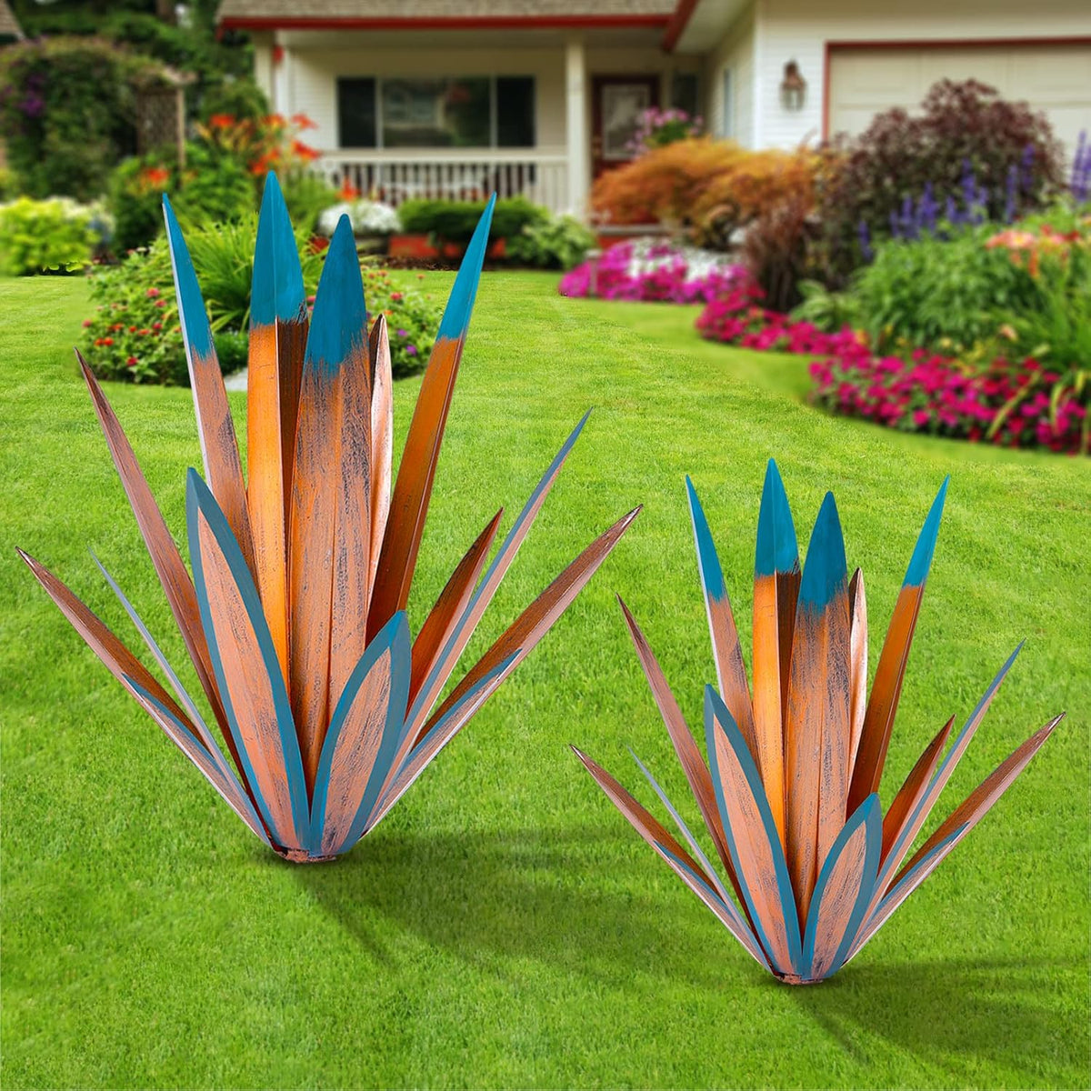 Homight Metal Agave Plants Outdoor Decor Mexican Yard Art Plants Garden Decor for Outside Metal Art Flowers Gifts for Butterflies Bees Birds for Gifts (1big&1small)