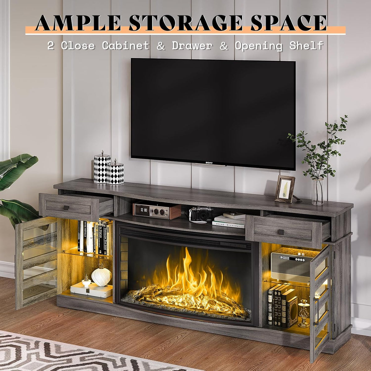 AMERLIFE 70" Fireplace TV Stand with 36'' Curved Electric Fireplace | Wash Gray LED TV Console, Farmhouse Living Room Entertainment Center, 2 Drawers & Adjustable Shelves, Fit TVs up to 80"