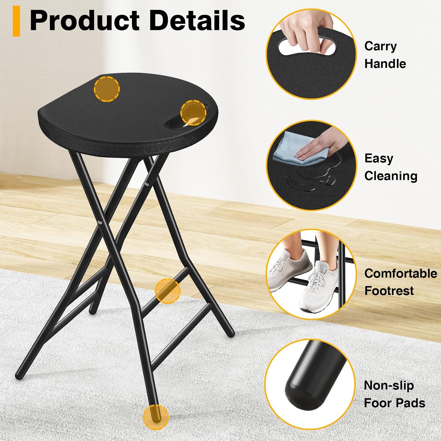 TAVR Furniture Portable Folding Chair with Handle, Heavy Duty Round Fold Stool Chair with 550lbs Capacity for Adults, 24 Inch Foldable Stool for Dorm, Kitchen, Vanity, Church and Outdoor use