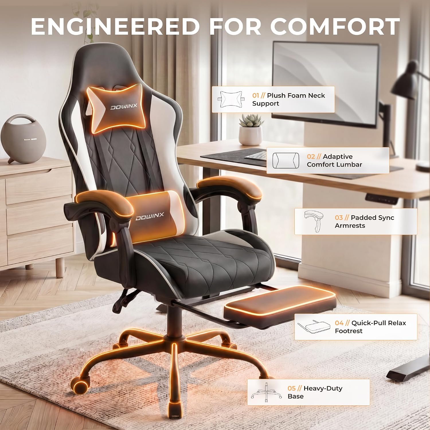 Dowinx Gaming Chair with Footrest, Ergonomic Office Chair, Black White | PU leather over high-density foam with lumbar support; steel frame holds 300 lbs; built for WFH, study, and napping