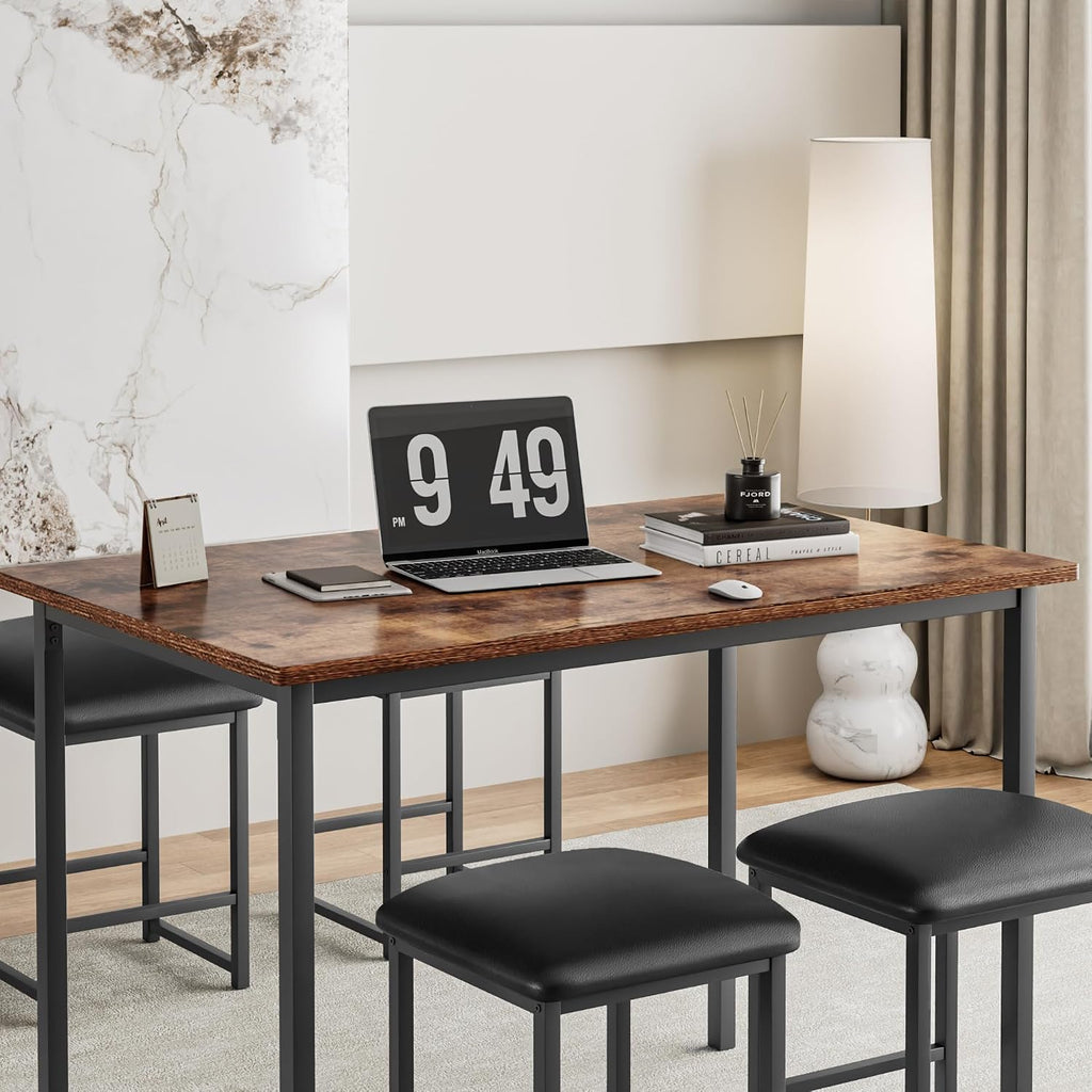 VECELO Kitchen Table and Chairs for 4, Dining Room Set with PU Chairs/Stools, Heavy-Duty Metal Frame, Wooden Tabletop, Space-Saving Design for Small Spaces, Easy Assembly, Vintage Brown & Black