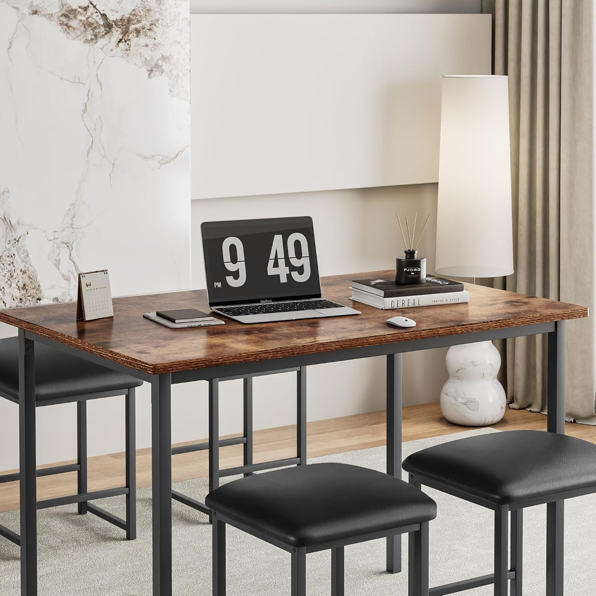 VECELO Kitchen Table and Chairs for 4, Dining Room Set with PU Chairs/Stools, Heavy-Duty Metal Frame, Wooden Tabletop, Space-Saving Design for Small Spaces, Easy Assembly, Vintage Brown & Black