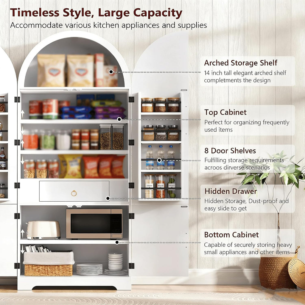 72" Tall Arched Kitchen Pantry Cabinet, Fluted Freestanding Storage Cupboard with 8 Door Shelves, 3 Adjustable Shelves and Hidden Drawer,Cabinet for Kitchen, Dining & Bathroom,White