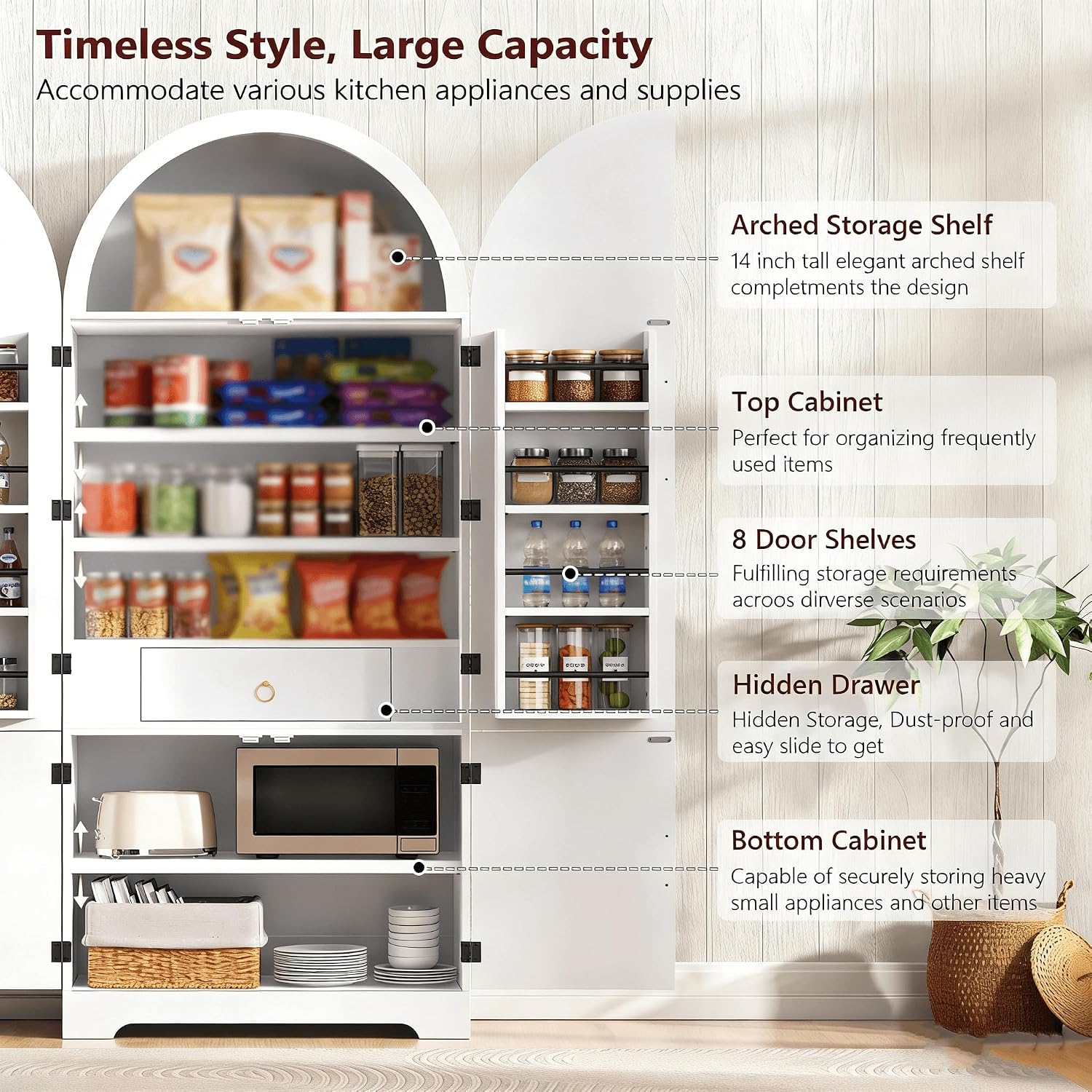 72" Tall Arched Kitchen Pantry Cabinet, Fluted Freestanding Storage Cupboard with 8 Door Shelves, 3 Adjustable Shelves and Hidden Drawer,Cabinet for Kitchen, Dining & Bathroom,White