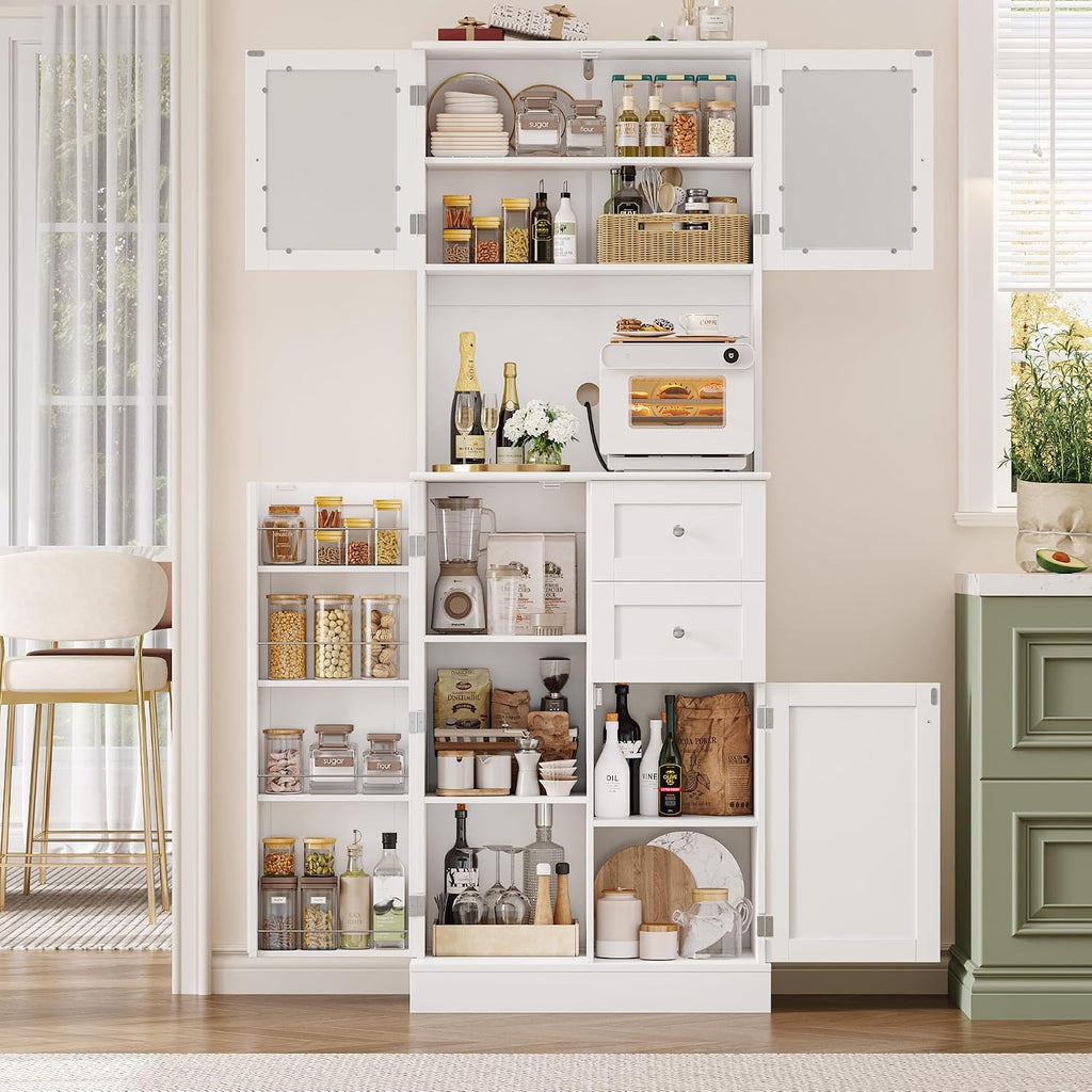 BOTLOG 72" Tall Kitchen Pantry Storage Cabinet with 4-Tier Door Shelves | Kitchen Hutch Cabinet with 2 Drawers, Frosted Glass Door for Dining Room, Modern White, Space-saving, apartment, small room