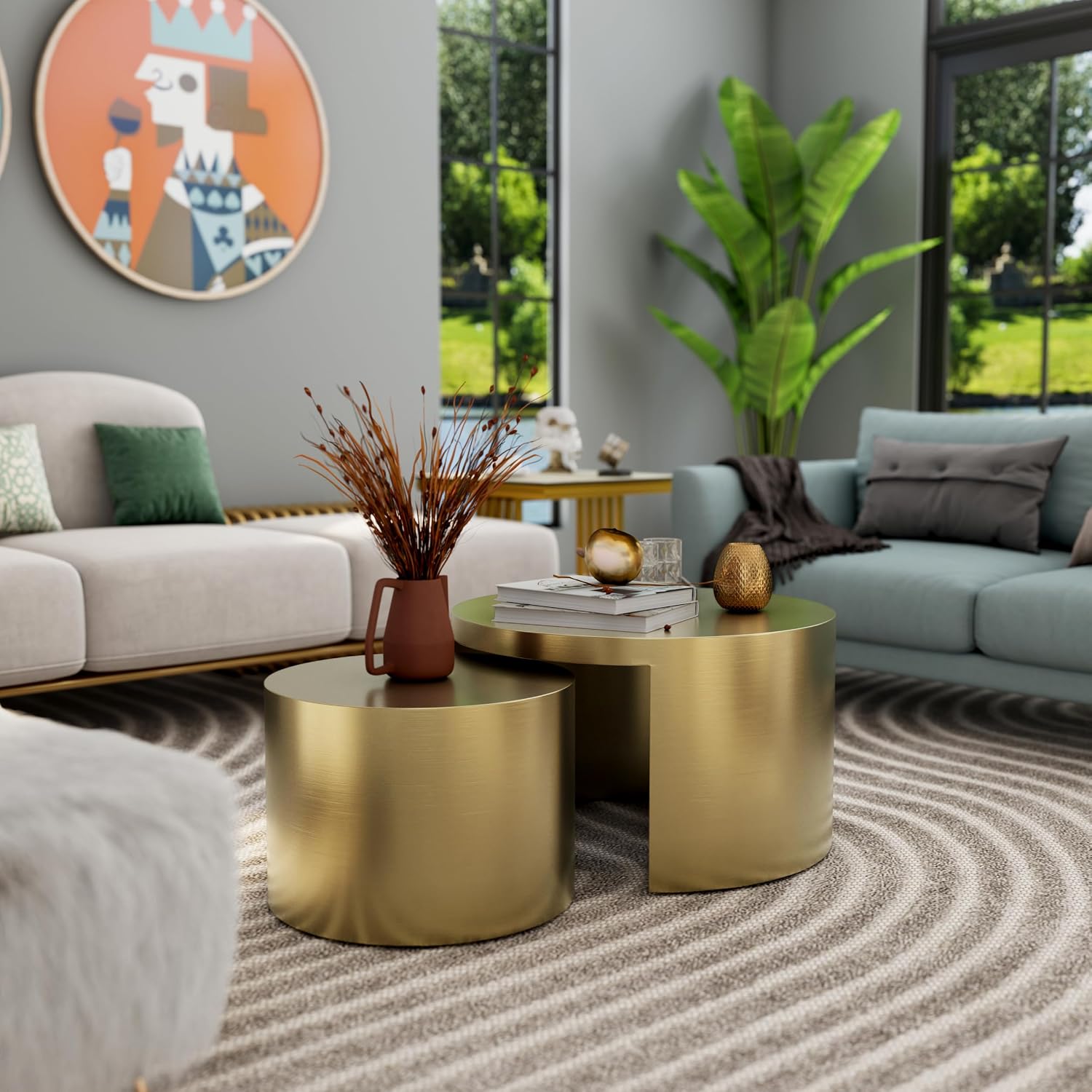 BQueen Round Nesting Coffee Table Set of 2, Brushed Gold Stainless Steel Modern Coffee Tables, 2 in 1 Space Saving Stackable Accent Tables for Living Room, Small Space Apartment