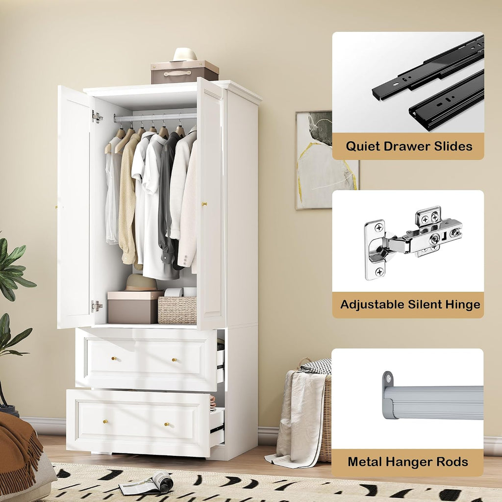 Bedroom Armoires Wardrobe Closet with 2 Doors: 74" White Wardrobe Cabinet with 2 Drawers, Modern Wood Closet for Hanging Clothes, Large Wardrobes Storage Closets (White, 31.4")