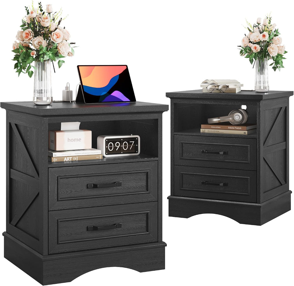 Fluest 24" Tall Farmhouse Nightstands Set of 2, Night Stands with Fast Charging Station, Beside Tables with Drawers and Open Storage, Rustic End Tables for Bedroom, Antique Black