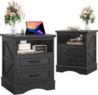 Fluest 24" Tall Farmhouse Nightstands Set of 2, Night Stands with Fast Charging Station, Beside Tables with Drawers and Open Storage, Rustic End Tables for Bedroom, Antique Black