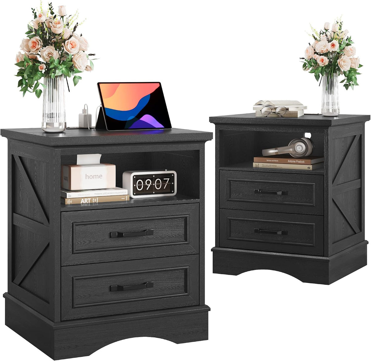 Fluest 24" Tall Farmhouse Nightstands Set of 2, Night Stands with Fast Charging Station, Beside Tables with Drawers and Open Storage, Rustic End Tables for Bedroom, Antique Black