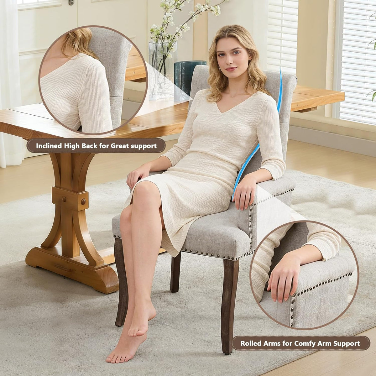 mikibama Chenille Upholstered Dining Chairs with High Back,Vintage Tufted Kitchen Chairs with Rolled Arms,Farmhouse Fabric Accent Side Chair with Arms for Living Room,Single Pack (1, Beige)
