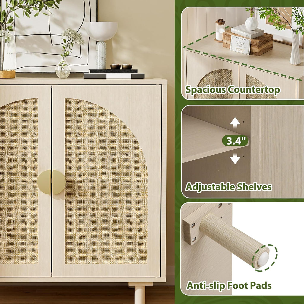 Rattan Sideboard Buffet Cabinet, Wood Storage Credenza Cabinet with Doors and Shelves, Boho Sideboard Cabinet with Curved Door for Living Room, Kitchen, Entryway, Beige