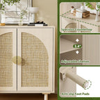 Rattan Sideboard Buffet Cabinet, Wood Storage Credenza Cabinet with Doors and Shelves, Boho Sideboard Cabinet with Curved Door for Living Room, Kitchen, Entryway, Beige