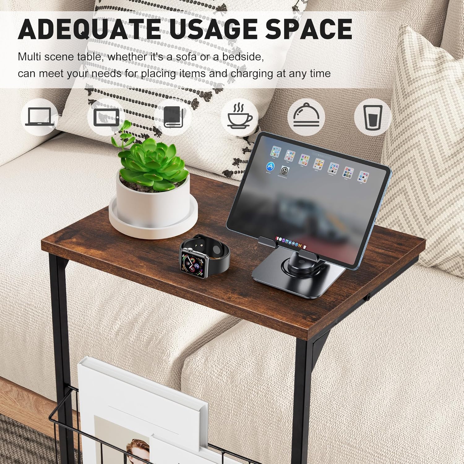 HOMREST End Table, Small Narrow Sofa Table for Couch and Recliner,C Shaped Side Table with Metal Storage Frame,Stable Coffee Tables for Living Room, Bedroom, Bedside,Wooden Desktop (Rustic Brown)