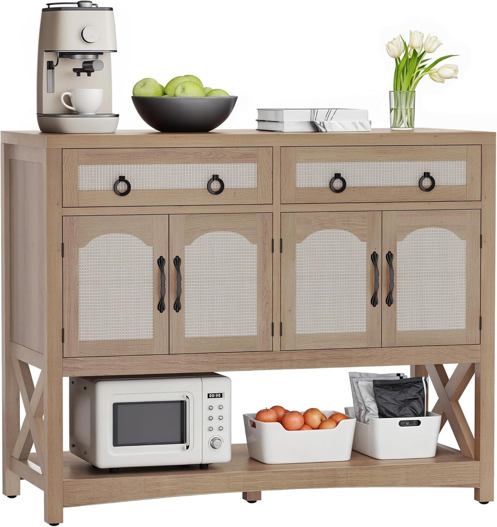 DWVO 47.2" Rattan Buffet Sideboard Cabinet with Storage, Farmhouse Coffee Bar Cabinet w/2 Drawers, 4-Doors Console Table with Adjustable Shelves for Kitchen, Dining Room, Living Room, Entryway (Oak)