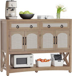 DWVO 47.2" Rattan Buffet Sideboard Cabinet with Storage, Farmhouse Coffee Bar Cabinet w/2 Drawers, 4-Doors Console Table with Adjustable Shelves for Kitchen, Dining Room, Living Room, Entryway (Oak)