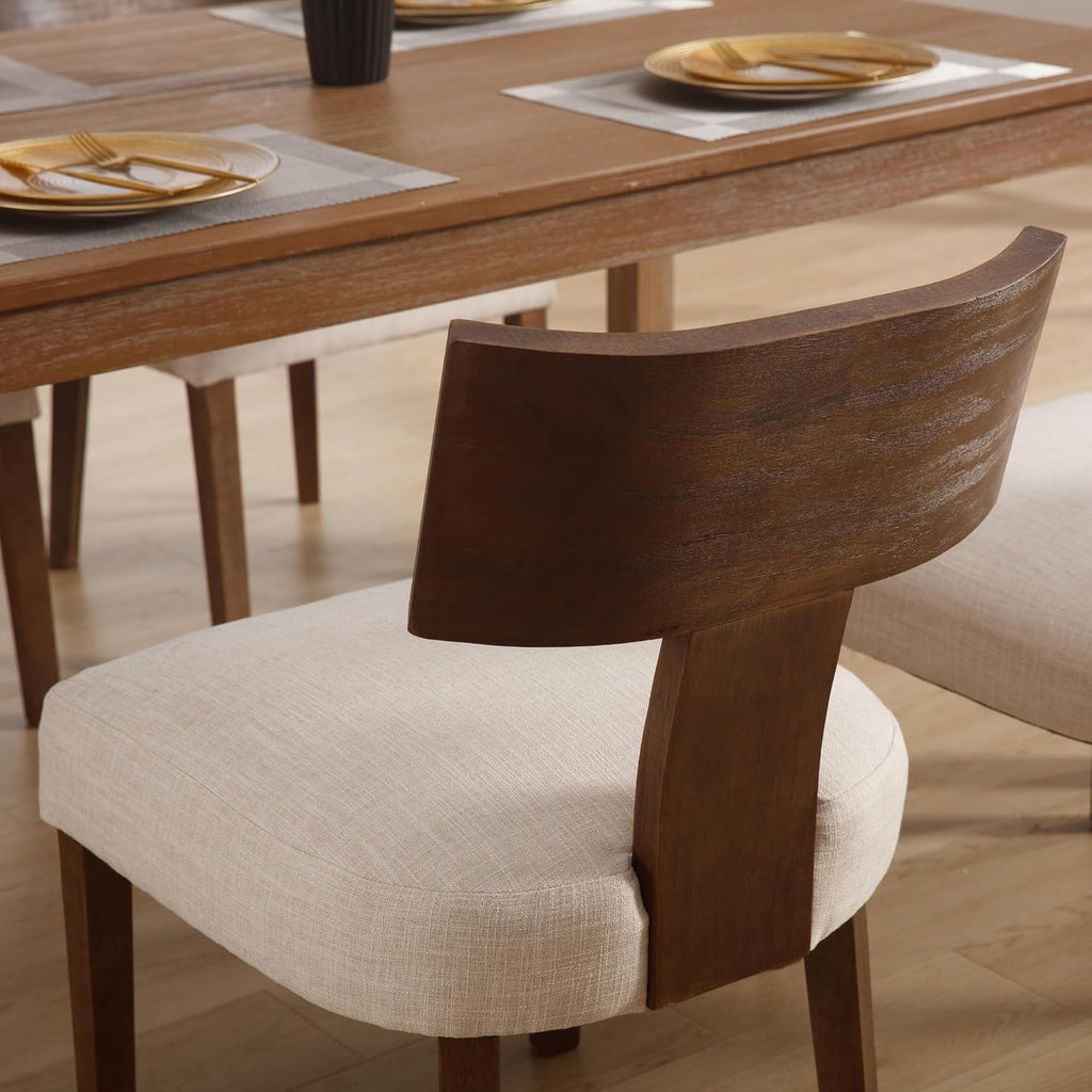 Farmhouse Dining Chairs Set of 4, Upholstered Dark Brown Solid Wooden Chairs with T-Shape Back, Armless Kitchen Chairs Comfy Accent Chairs, Linen Beige