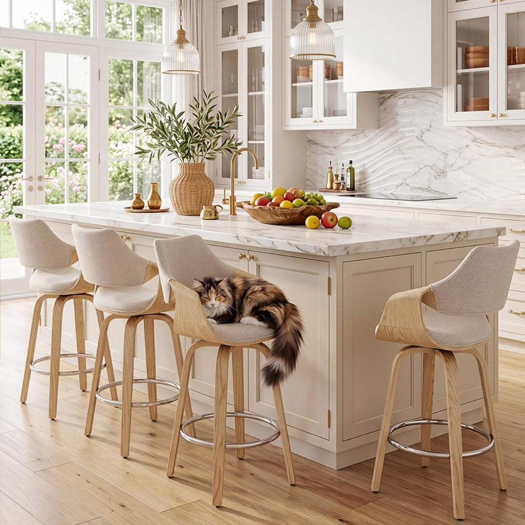 26'' Modern Barrel Swivel Counter Stools Counter Height Swivel Bar Stools with Backs Set of 4, Beige Chenille Upholstered Bar Height stools, Farmhouse Solid Wood Barstools for Kitchen Island, Home Bar