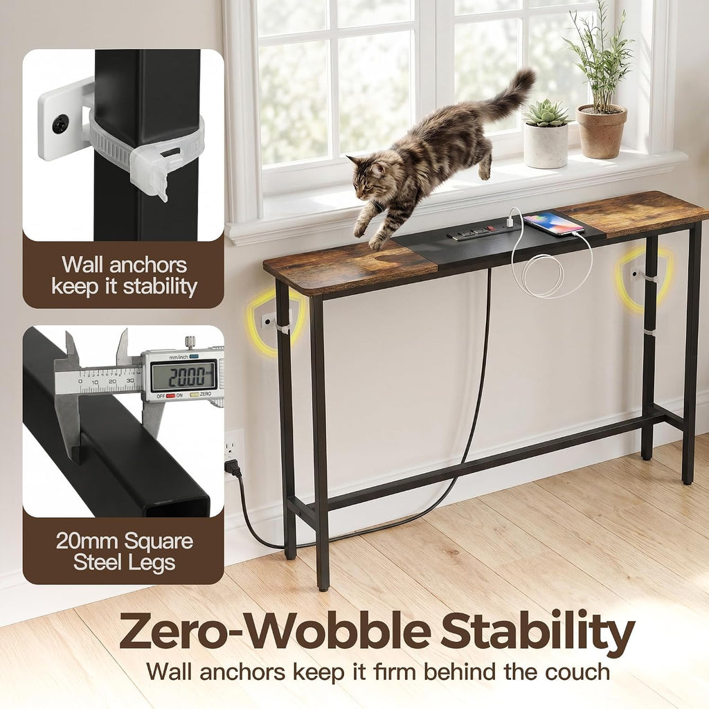 8.6" Narrow Console Table Behind Couch, 39.7” L x 32.3” H, Slim Sofa Table with Fast Charging Station for Small Spaces, Skinny Entryway & Hallway Table, Easy Assembly