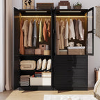 75" Tall Farmhouse 4 Doors Armoire Wardrobe Closet with 3 Drawers and LED,Freestanding Closet Wardrobe Cabinet for Bedroom with Hanging Rod,Wooden Armoire Storage Cabinet with Adjustable shelve(Black)