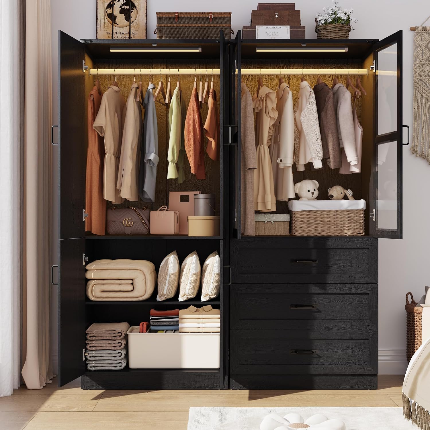 75" Tall Farmhouse 4 Doors Armoire Wardrobe Closet with 3 Drawers and LED,Freestanding Closet Wardrobe Cabinet for Bedroom with Hanging Rod,Wooden Armoire Storage Cabinet with Adjustable shelve(Black)