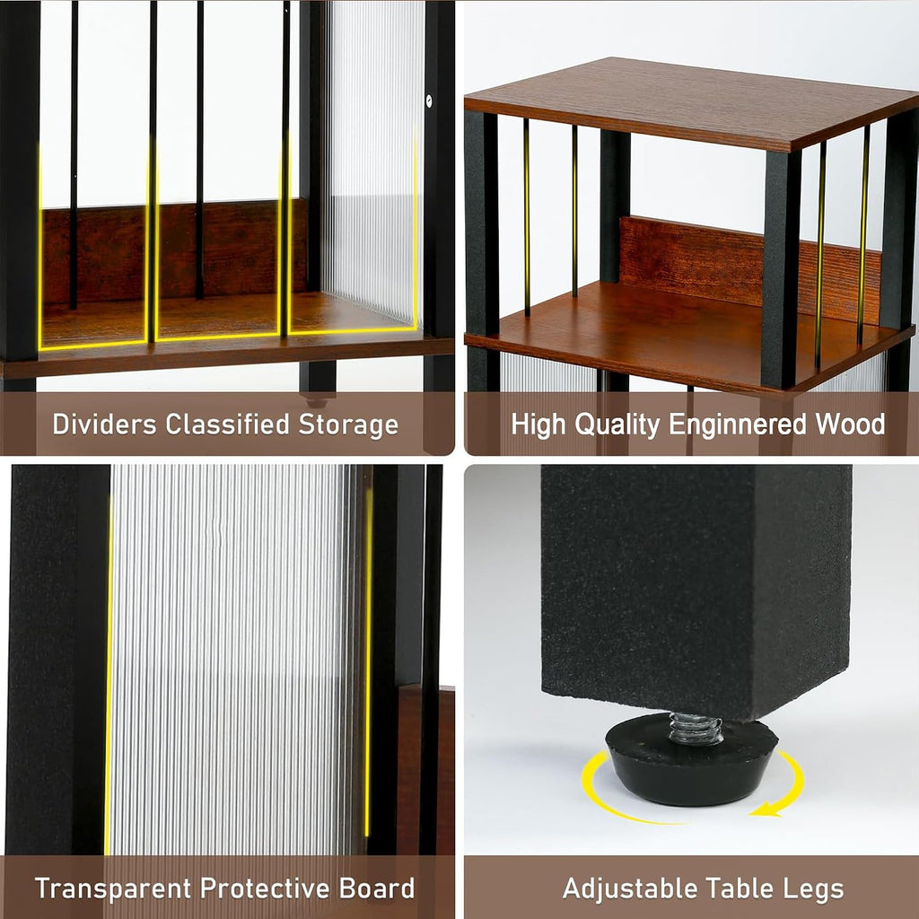 DGSANDGO Mid-Century Now Playing Vinyl Record Stand, Record Player Stand, End Table with Charging Station, 3 Tier Rustic Brown w/Guard Rails, Holds 100 Vinyl Albums, for Living Room Bedroom Office