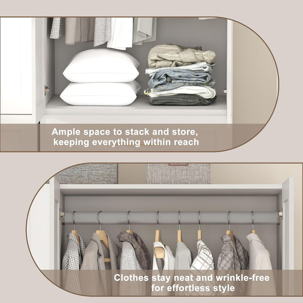 White Armoire Wardrobe Closet: 75" Large Wardrobe Closet with 6 Drawers, Bedroom Armoires with 4 Doors, Wooden Tall Closets Cabinet for Hanging Clothes (63")