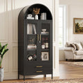 73" Tall Display Cabinet with Glass Doors and 2 Drawers, Metal Arched Cabinet with 2 Adjustable Shelves & Lock, Freestanding Curio Storage Cabinet for Home, Assembly Required, Black