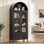 73" Tall Display Cabinet with Glass Doors and 2 Drawers, Metal Arched Cabinet with 2 Adjustable Shelves & Lock, Freestanding Curio Storage Cabinet for Home, Assembly Required, Black