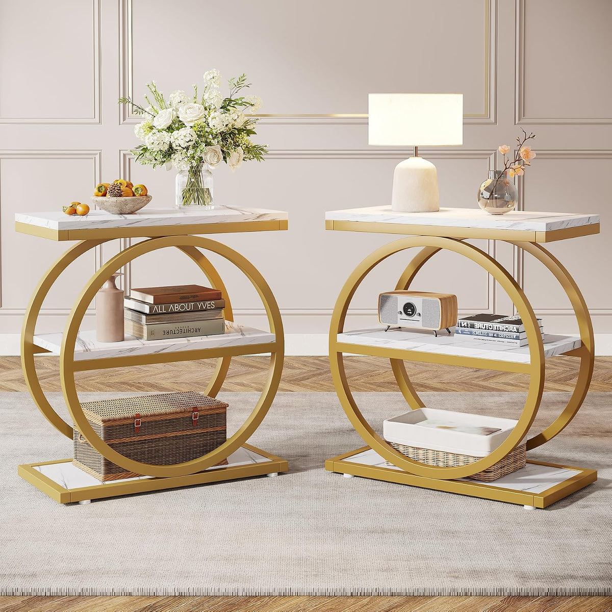 Tribesigns End Table with Storage Shelves Pack of 2, 3-Tier Wooden Industrial Sofa Side Table with Black Metal Frames for Living Room, Slim Nightstand and Bedside Table for Bedroom, White & Gold