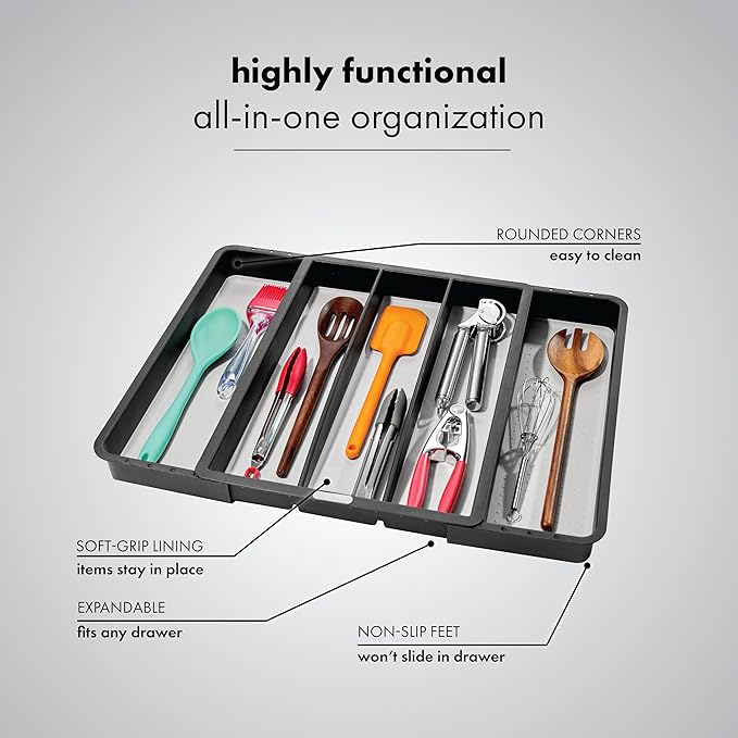 madesmart Expandable Utensil Tray - Granite| CLASSIC COLLECTION| 5-Compartments | Kitchen Organizer | Soft-Grip Lining | Easy to Clean | BPA-Free