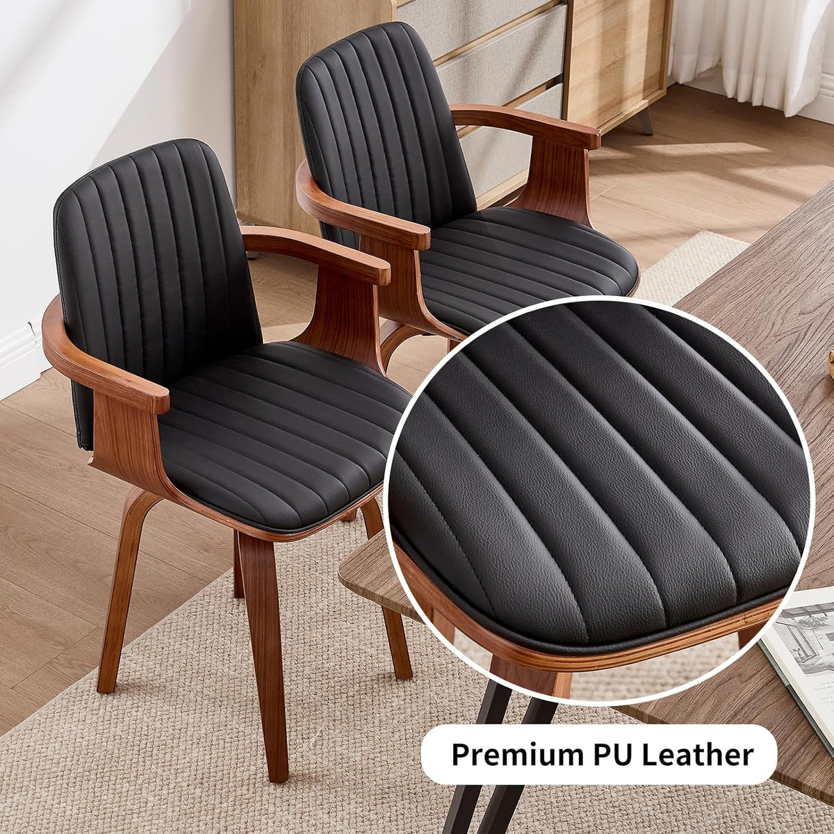 VipDesk Dining Chairs Set of 2 - Mid Century Modern Swivel Kitchen Chairs for Dining Room, Upholstered PU Leather Chairs with Wooden Arms and Legs, Black
