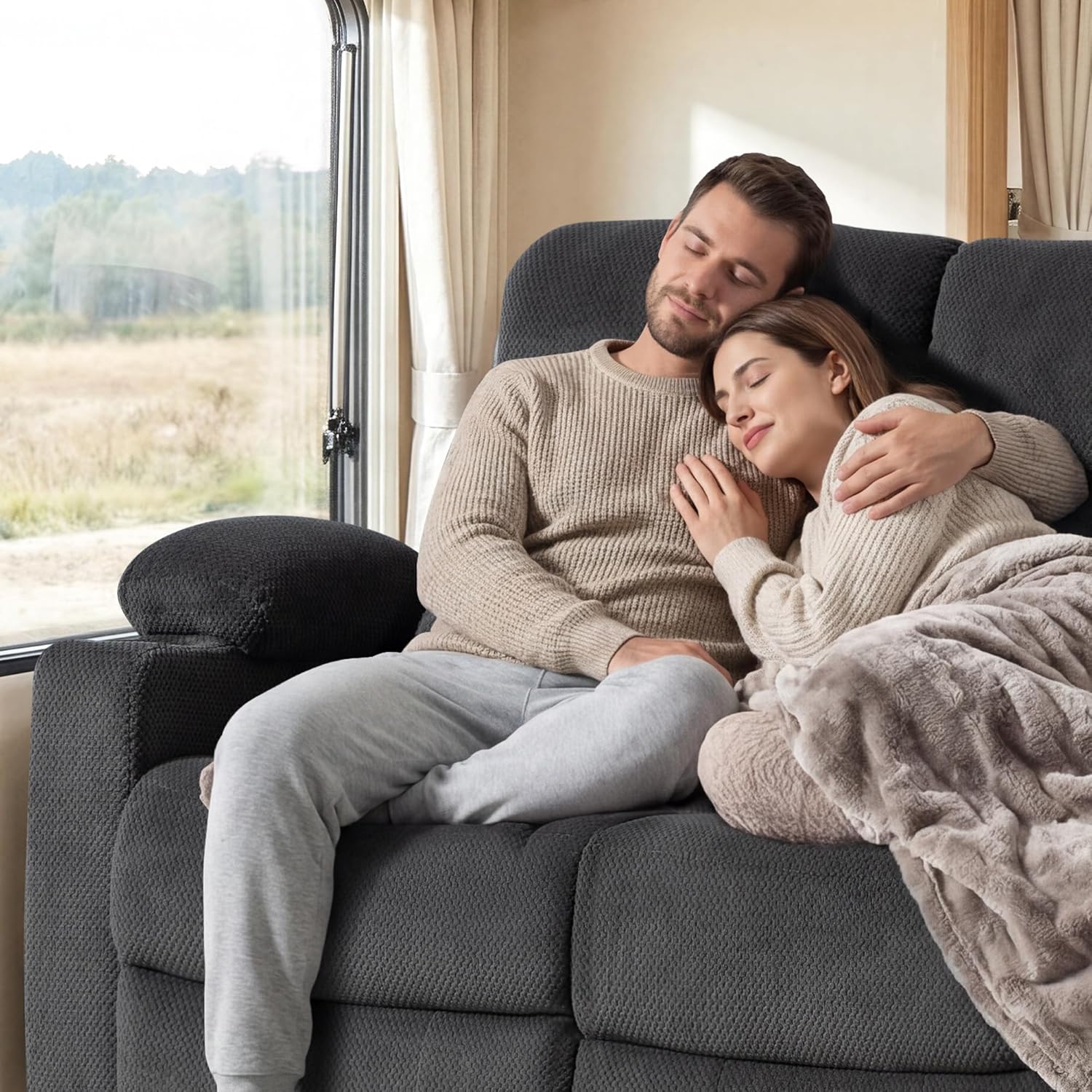Power Reclining Sofa with Heat and Massage| RV Wall Hugger Recliner Sofa with Electric Tilt | RV 3 Seater Recliner Sofa for Living Room (Sofa Grey)