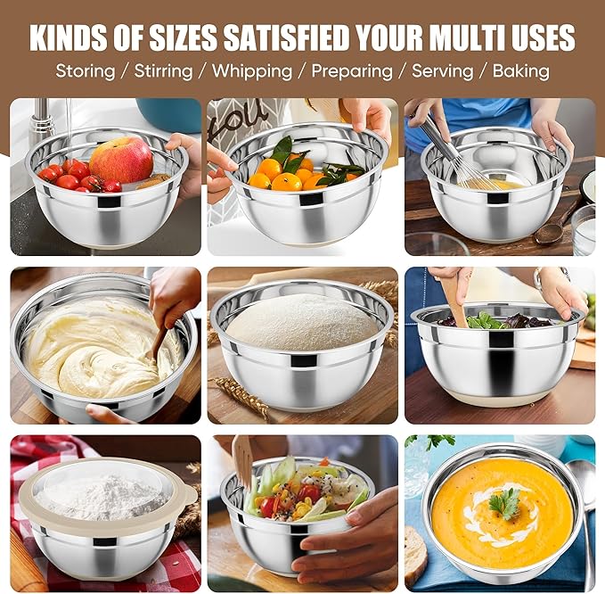 P&P CHEF Khaki Mixing Bowls Set of 6, Stainless Steel Mixing Bowl with Visible Lids for Salad, Metal Nesting Serving Bowls for Kitchen Cooking Prepping Storing Food, 4.6/3.5/2.6/2/1.5/1 QT