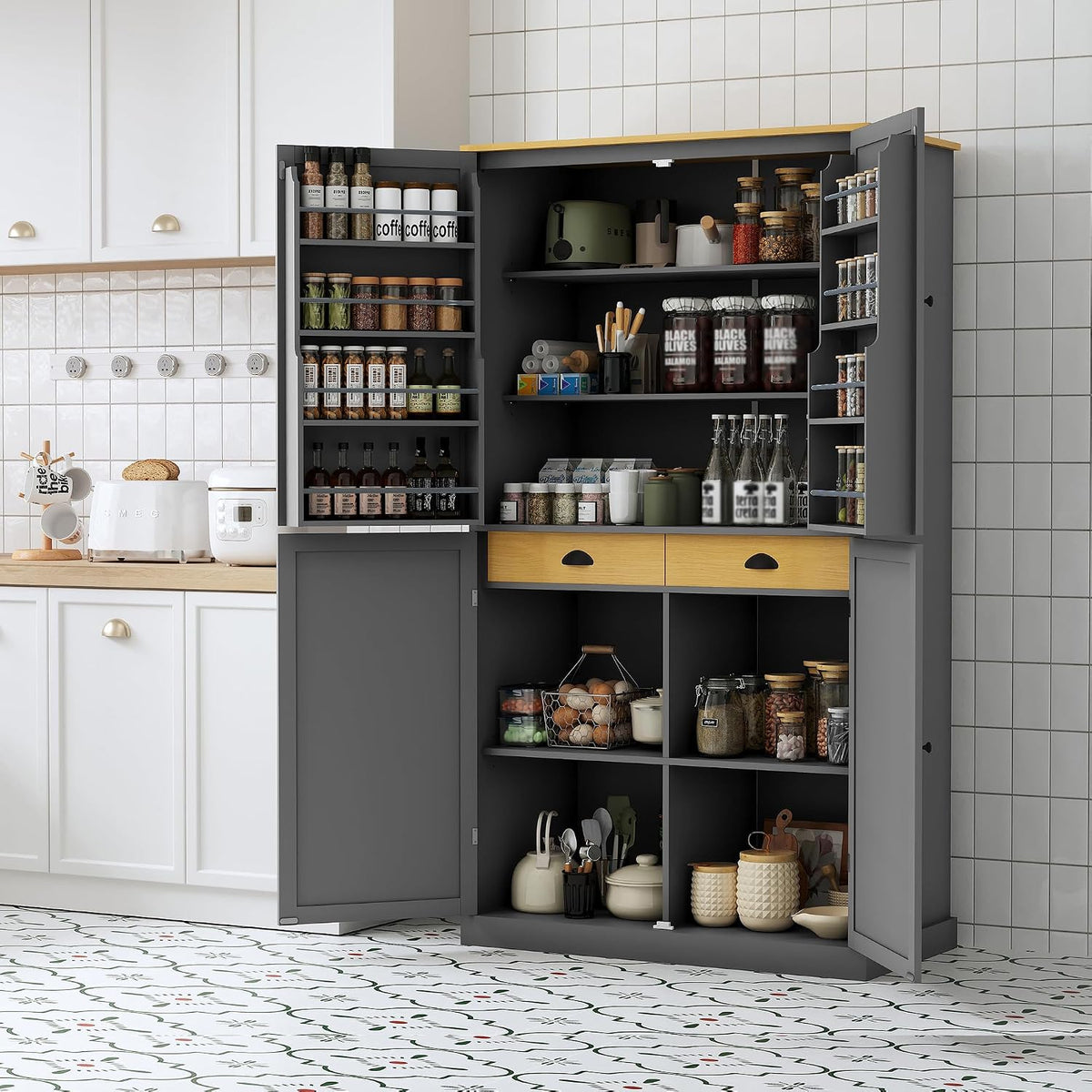 71" Tall Kitchen Pantry Storage Cabinet with 4 Doors, Freestanding Wooden Cupboard with 2 Drawers, 2 Adjustable Shelves and Cabinet Door Organizers for Kitchen, Dining Room, Grey