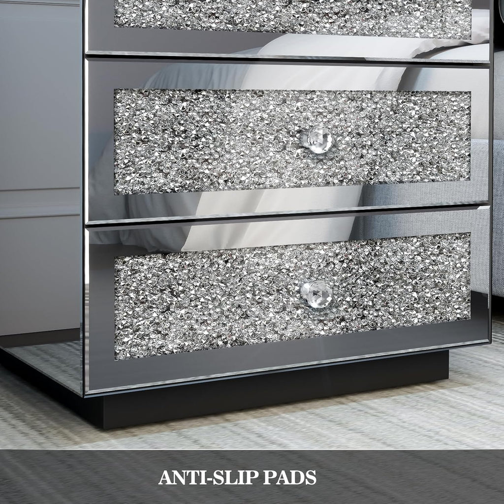 IKIFLY Mirrored Nightstand with Wireless Charging Station, Modern LED Side Table with 3 Drawers, Silver Accent End Table with Crushed Diamonds for Living Room, Bedroom and Office