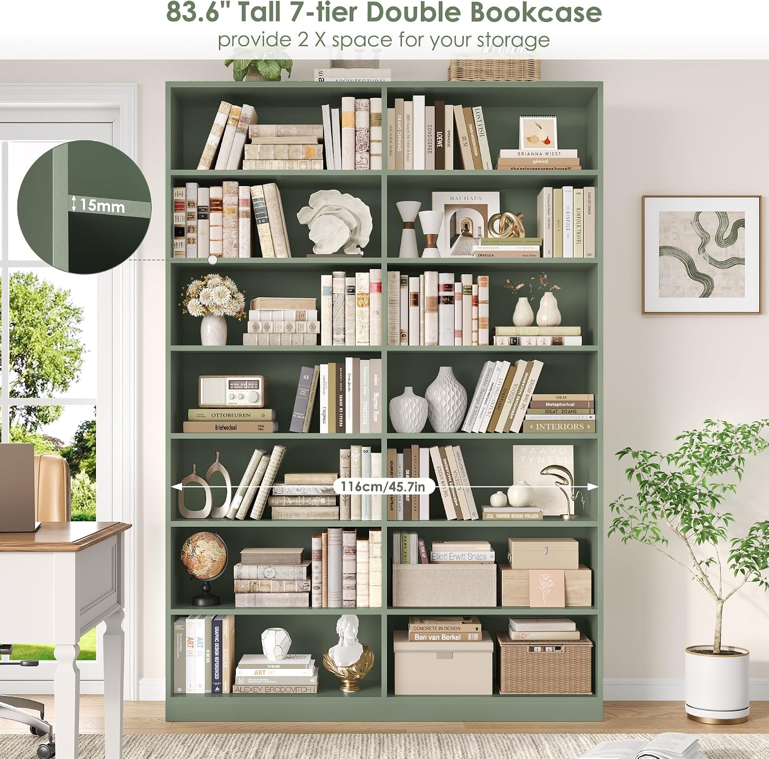 FACBOTALL 83.7" Tall Bookshelf and Bookcase,7-Tier Double Bookshelves Green