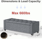 50” Ottoman Bench with Storage, Upholstered Fabric End of Bench for Bedroom, Load up to 660 lb, Fixed Base & Movable Swivel Wheels，Rectangular Tufted Entryway with Safety Hinge (Grey)